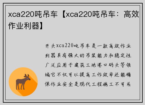 xca220吨吊车【xca220吨吊车：高效作业利器】