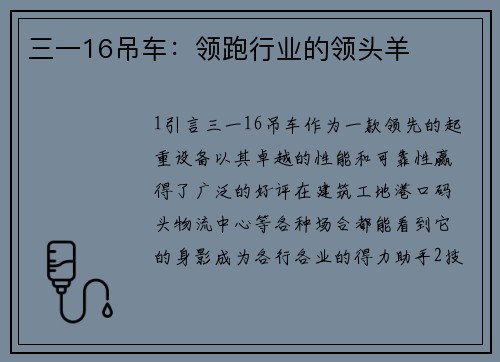 三一16吊车：领跑行业的领头羊