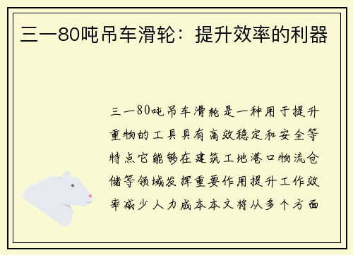 三一80吨吊车滑轮：提升效率的利器