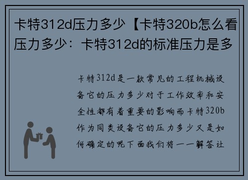 卡特312d压力多少【卡特320b怎么看压力多少：卡特312d的标准压力是多少？】